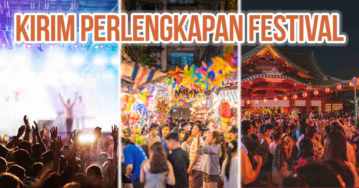 Ilustrasi festival musik, festival komunitas, dan festival budaya dengan judul “Kirim Perlengkapan Festival”.