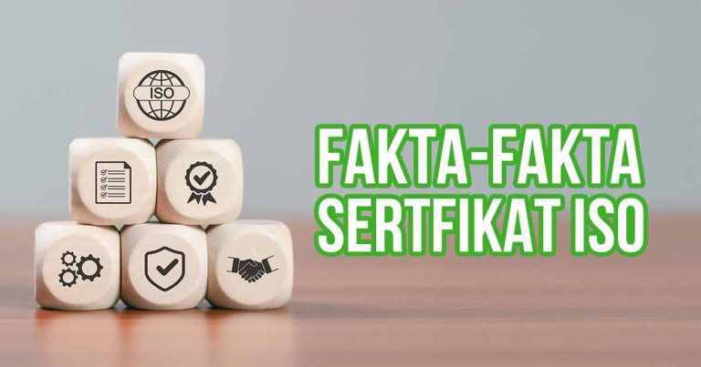 Gambar menunjukkan tumpukan balok kayu dengan simbol ISO dan ikon terkait sertifikasi ISO, disertai dengan teks "Fakta-Fakta Sertifikat ISO."