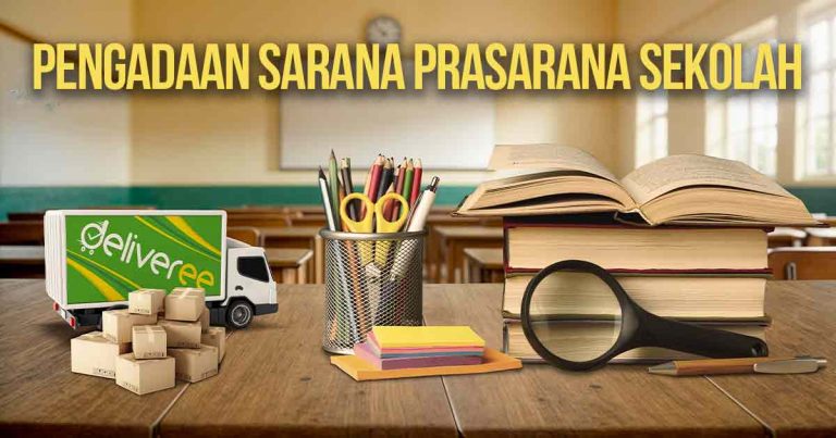 Peralatan tulis, buku, dan truk pengiriman di atas meja dengan latar belakang ruang kelas sebagai ilustrasi “Logistik Pengadaan Sarana Prasarana Sekolah”.