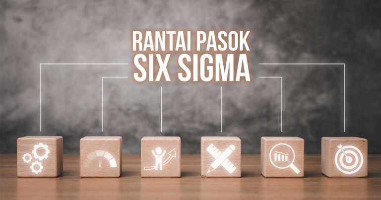 Blok kayu dengan ikon proses rantai pasok yang mewakili konsep Six Sigma.