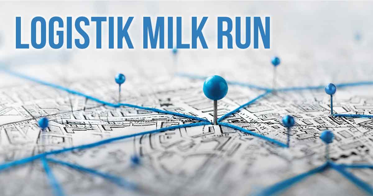 Peta dengan pin biru yang menghubungkan titik-titik, menggambarkan konsep logistik milk run.