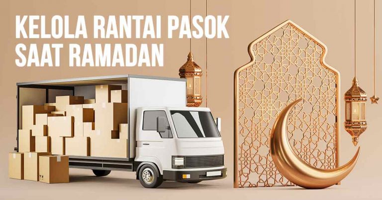 Ilustrasi truk boks dengan banyak paket, dekorasi khas Ramadan, dan bulan sabit emas, menggambarkan pengelolaan rantai pasok selama Ramadan.