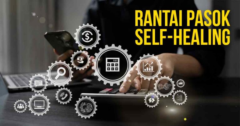 Ilustrasi rantai pasok self-healing dengan ikon gigi roda dan aktivitas bisnis.