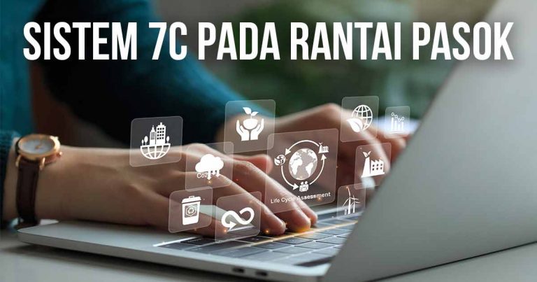 Ilustrasi sistem 7C dalam rantai pasok dengan ikon keberlanjutan di atas laptop.