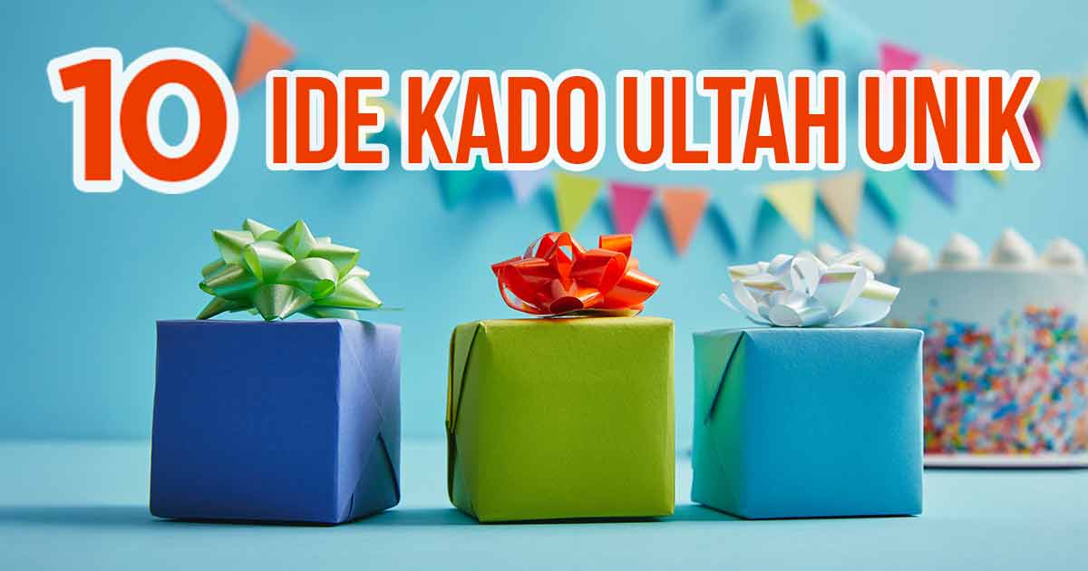 Beberapa kado kecil dengan latar belakang kue dan perayaan ulang tahun sebagai ilustrasi “10 Ide Kado Ultah Unik”.